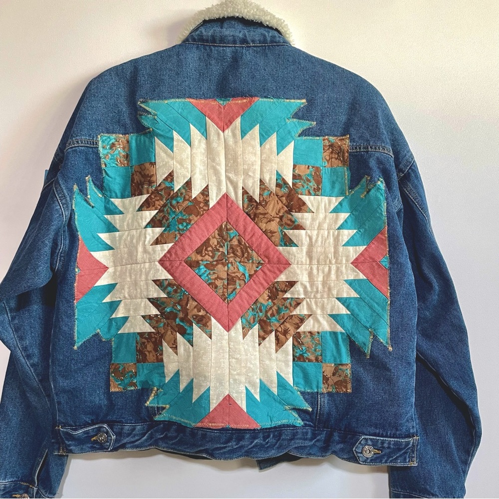 Upcycled Patchwork Quilt Denim Jacket XL Sherpa Lined Boho Western Barn Coat